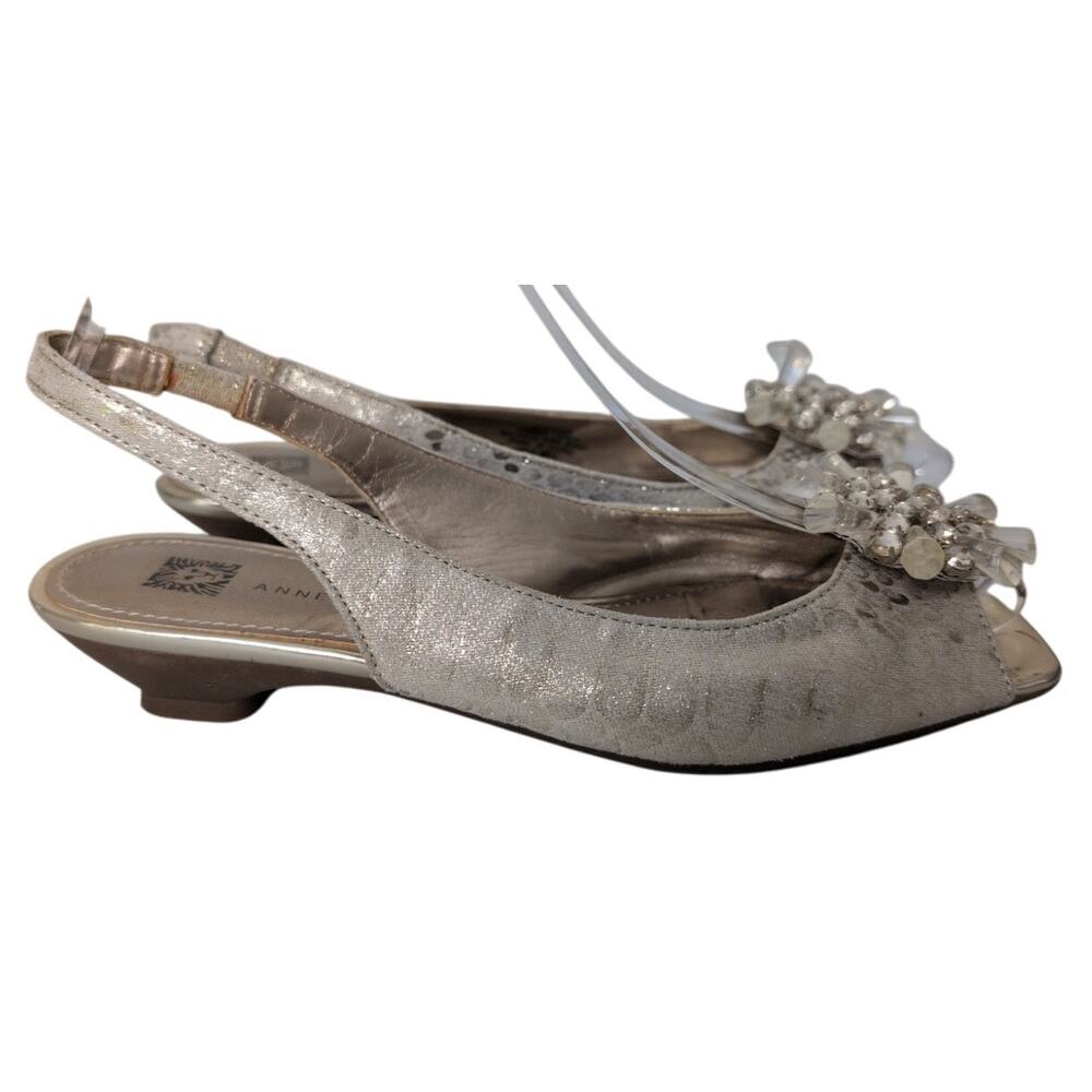 Kitten Heel Slingback Pumps Women 6M‎ Bead Rhinestone Square Peep Toe Metallic